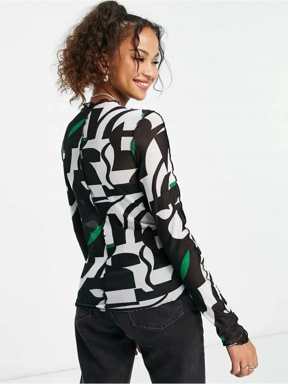 Monki Abstract Print Mesh Long Sleeve Shirt Women’s Size XS-S - Picture 10 of 10